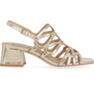 Sandalias doradas de mujer, calzado de mujer dorado tacón ancho y bajo.
