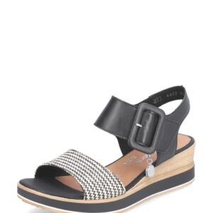Sandalia cuña baja, con hebilla negra, blanco, beige.