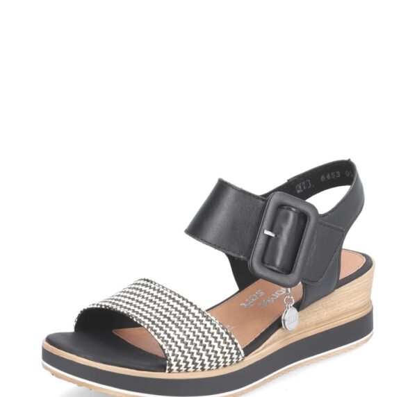 Sandalia cuña baja, con hebilla negra, blanco, beige.