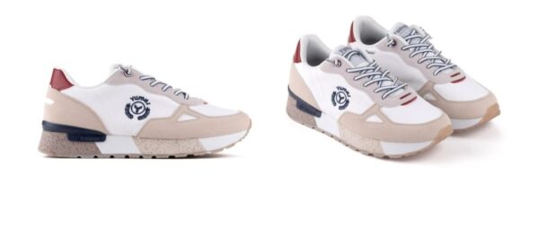 Zapatilla casual beige, rojo, blanco.
