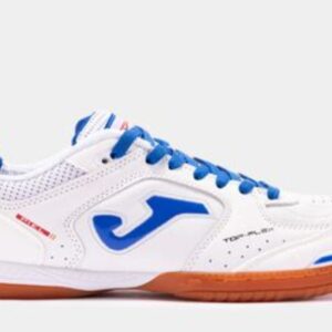 Zapatilla deportiva blanca y azul.