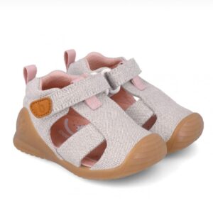 Zapato con tiras y velcro gris, rosa.