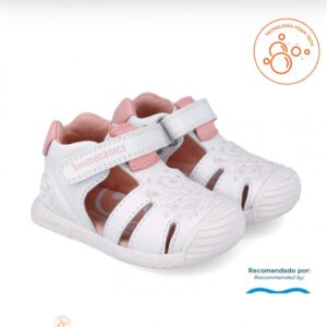 Zapatos con velcro blanco, rosa con dibujos.