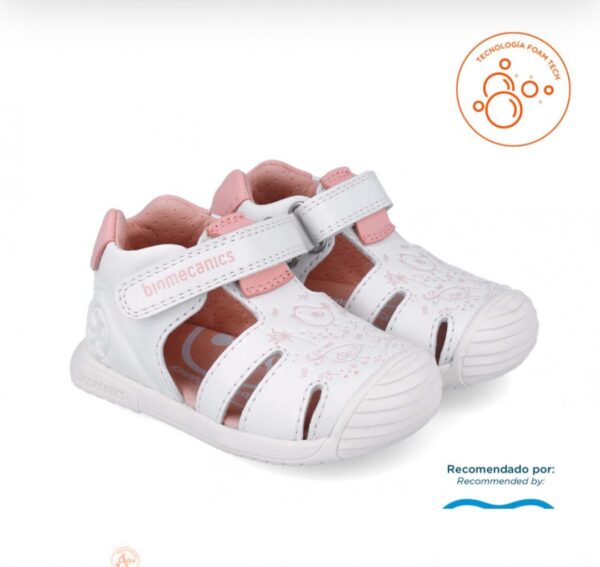 Zapatos con velcro blanco, rosa con dibujos.