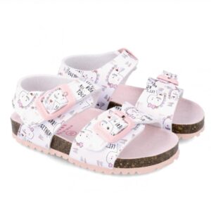 Sandalias suela de corcho, con tiras blancas con dibujos, rosa.