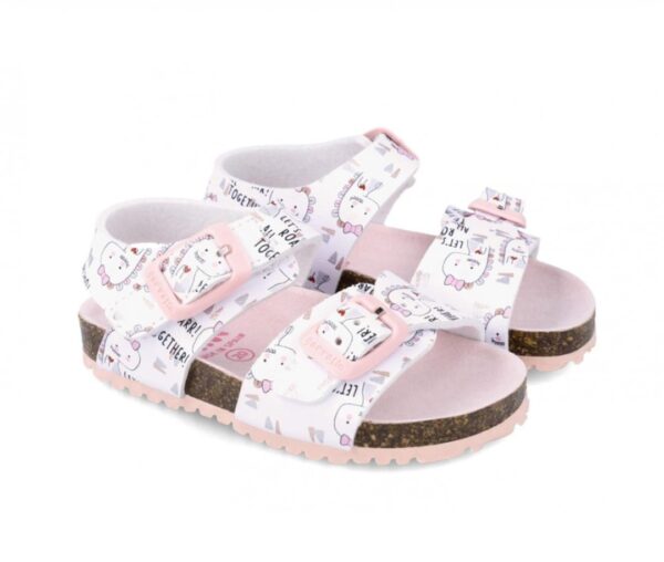 Sandalias suela de corcho, con tiras blancas con dibujos, rosa.
