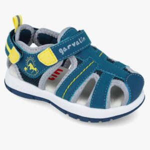 Zapato de tira con velcro azul, amarillo.