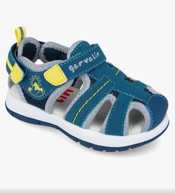 Zapato de tira con velcro azul, amarillo.